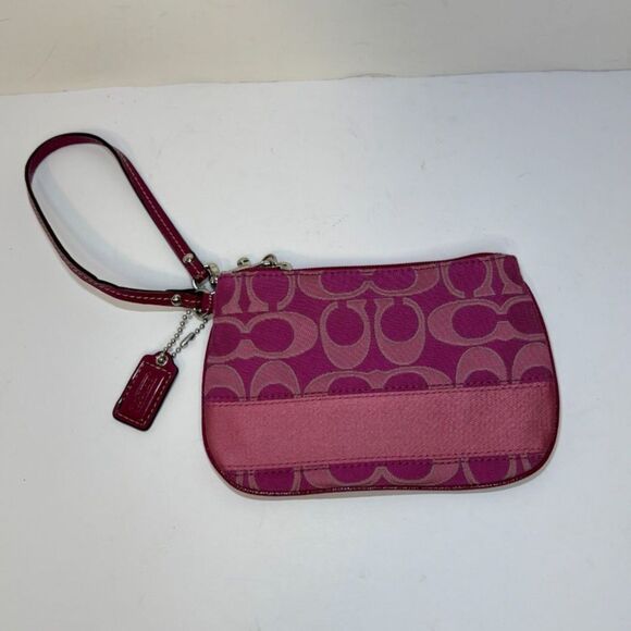 COACH Pink Color Signature Monogram Stripe Silver Metallic Wristlet Wallet - Picture 3 of 4
